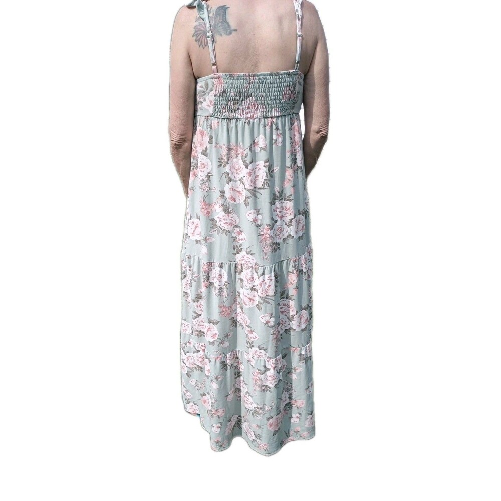 Women Med Derek Heart Tiered Maxi Dress Mint Floral Romantic Cottagecore Peasant
